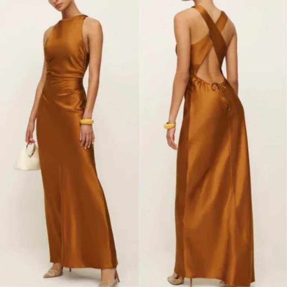 Reformation Copper-Orange Satin High-Neck Maxi Dress - Picture 7 of 7